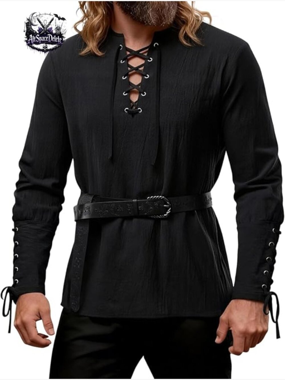 Men's Renaissance Pirate Viking Costume Shirt Lace Up Cotton Long Sleeve